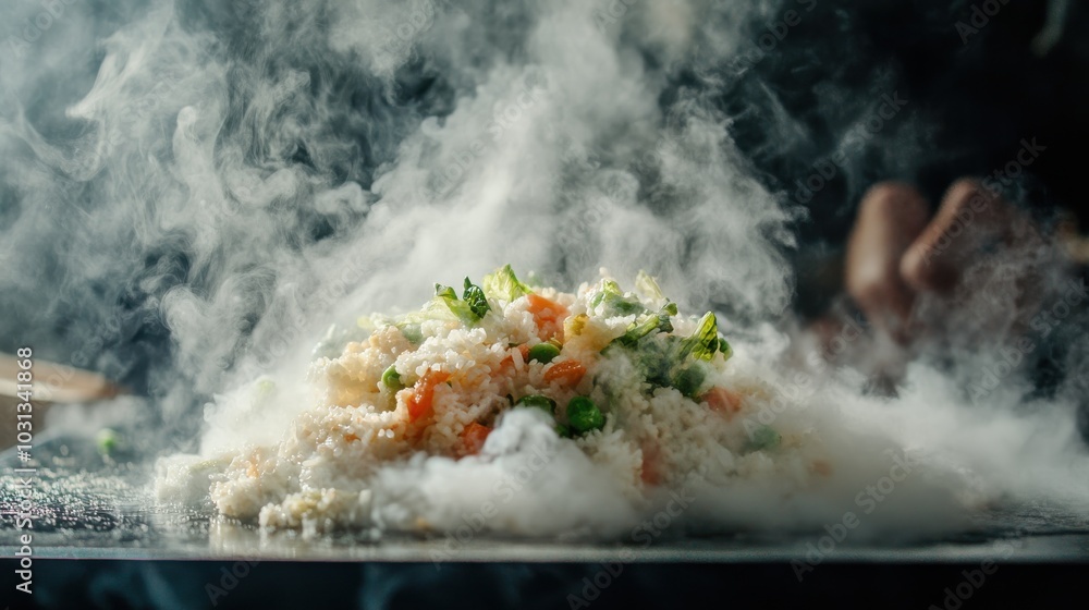 Poster freshly printed meal with aromatic steam rising in a culinary setting emphasizing flavors and textur