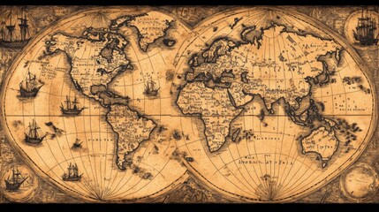 Vintage World Map with Ships and Intricate Details