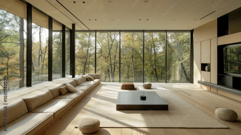 Poster a large living room with a tan couch and a black coffee table. the room has a modern and minimalist 