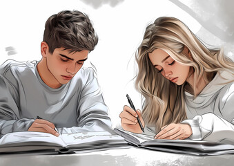 A young man and woman are writing in their notebook