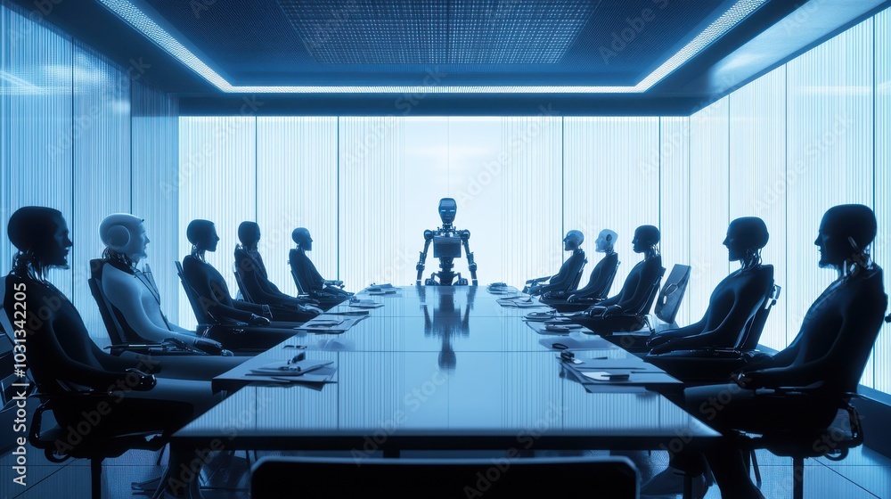 Poster robotic council deliberates ethical implications of the three rules of robotics in a sleek, futurist