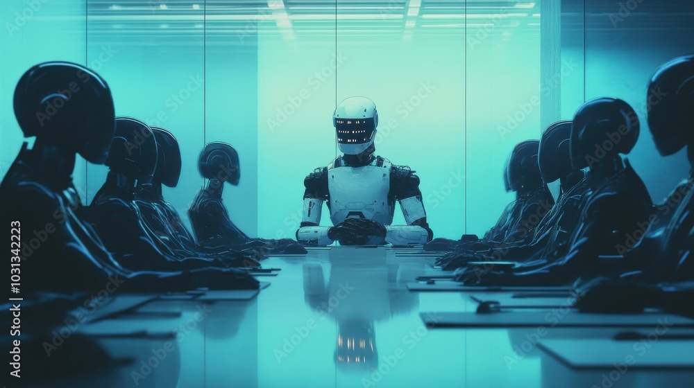 Poster robots convene in a futuristic meeting room to discuss the ethical implications of the three rules o