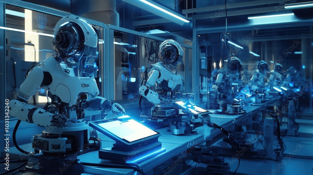 Poster Robots conducting advanced simulations in a futuristic laboratory with cool blue lighting