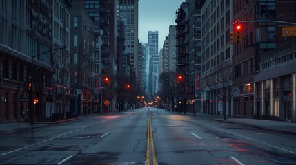 A city street at night with a few cars and a few traffic lights. The street is empty and the lights are red