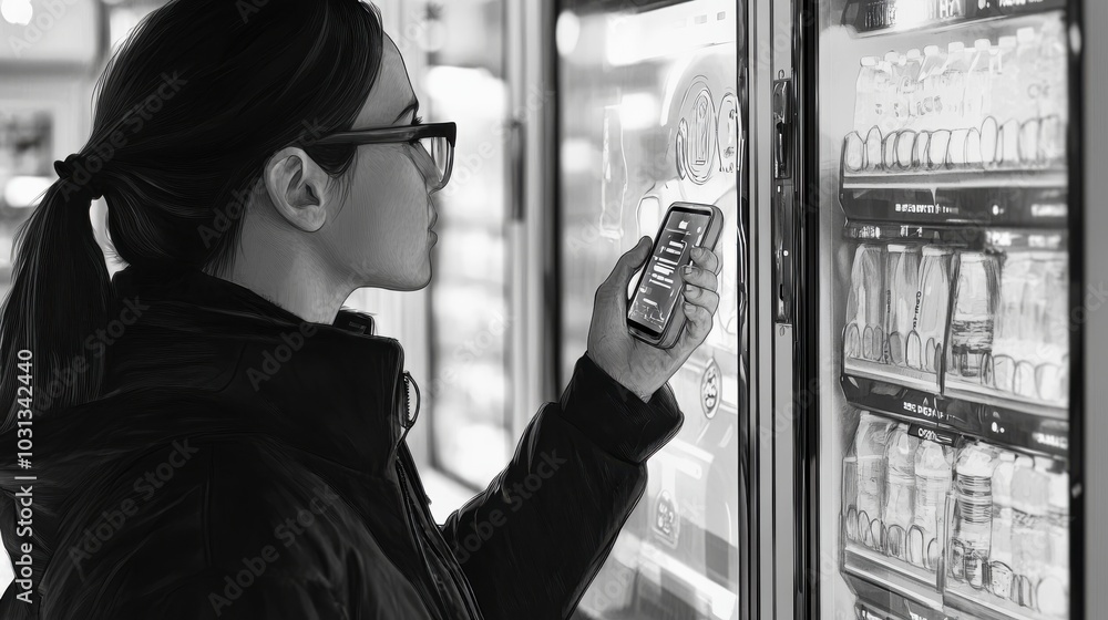 Fototapete A user engages with a virtual assistant on a vending machine screen in a modern setting, showcasing advanced technology interaction