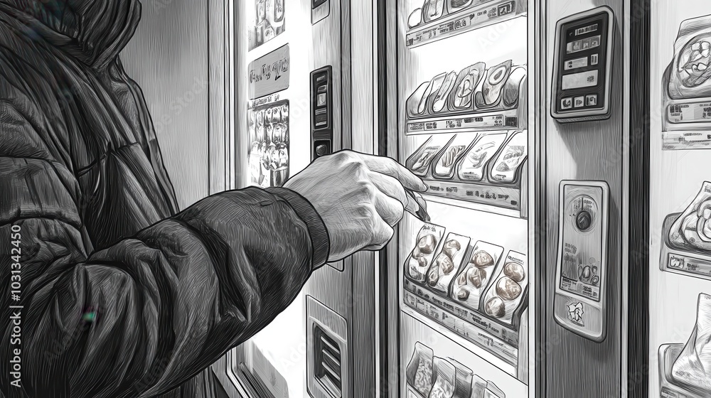 Poster a user's hand interacting with a modern vending machine interface to select snacks in a bustling urb