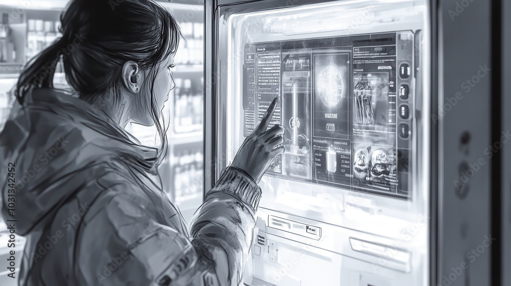 Fototapete A user engages with a virtual assistant displayed on a vending machine screen in a modern convenience store setting