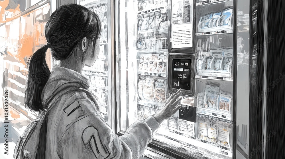 Poster User engaging with a virtual assistant on a vending machine screen in a modern urban setting