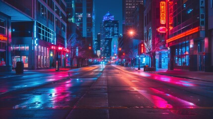 Obraz premium A city street at night with neon lights and a sign for a restaurant. Scene is vibrant and energetic