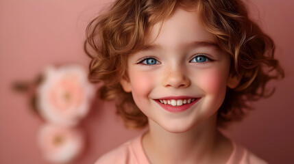 A smiling child with curly hair against a pink floral backdrop.