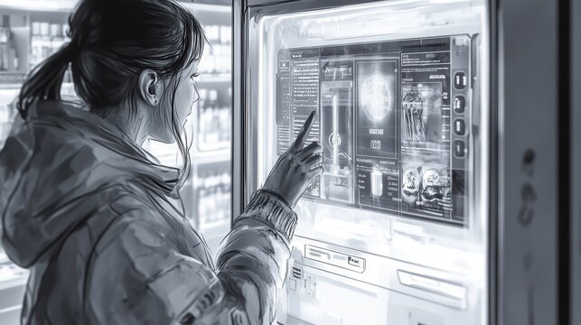 A user engages with a virtual assistant displayed on a vending machine screen in a modern convenience store setting