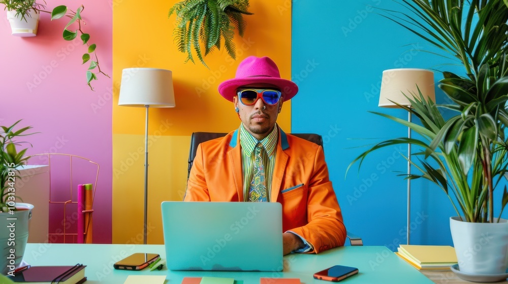 Poster an office worker in colorful attire stands confidently at a desk surrounded by vibrant décor in a mo