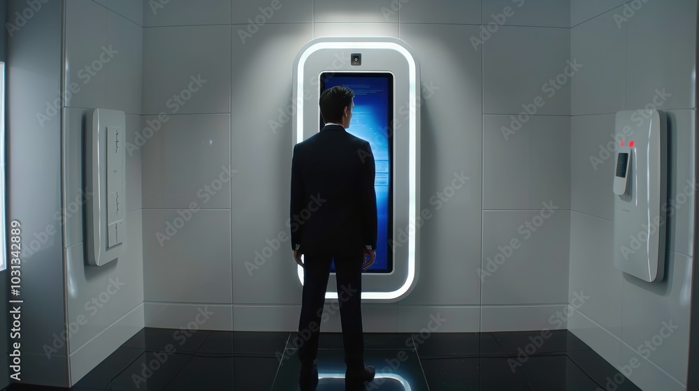 Aufkleber an office worker in a futuristic setting interacts with a large touchscreen in a sleek corporate env