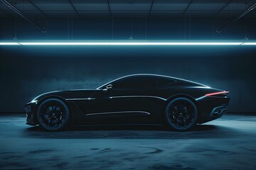 A black sports car in a dark garage