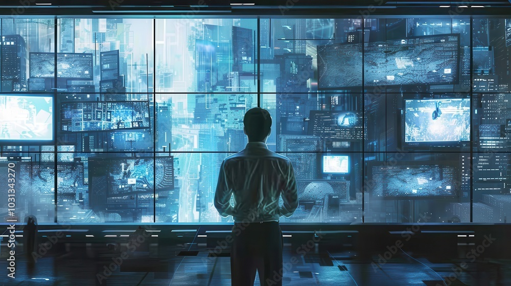 Leinwandbilder Office worker analyzing data and digital displays in a tech company's high-tech control room during evening hours