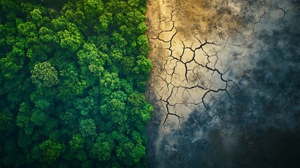 a contrast between a lush green forest and a dry, cracked desert on the same landscape, symbolizing the drastic effects of climate change on natural environments