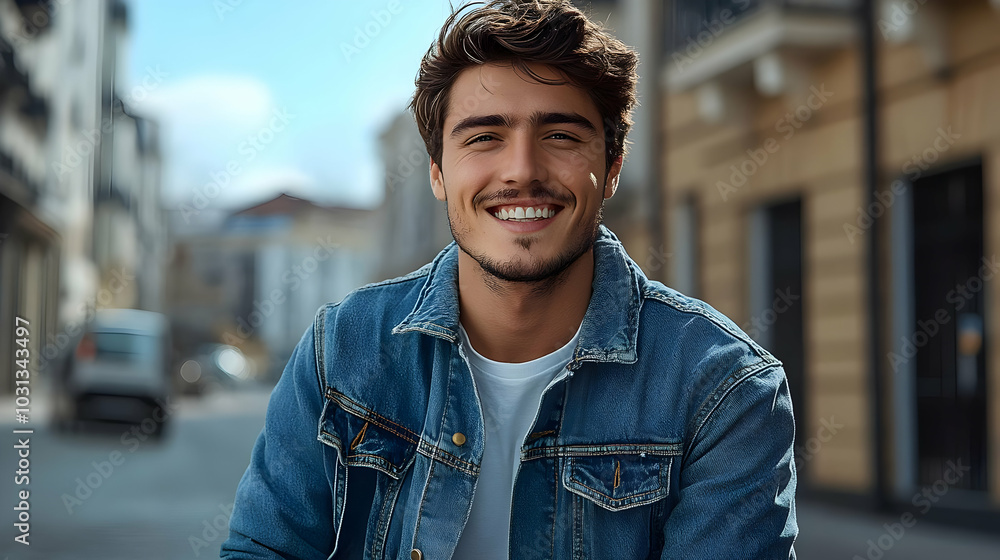 Wall mural A smiling young man in a denim jacket on a city street.