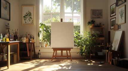 Obraz premium A bright and airy artist's studio with a blank canvas on an easel, surrounded by windows, plants, and art supplies.