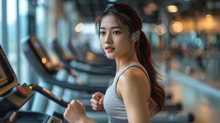 Fototapeta premium A woman exercising on a treadmill in a modern gym setting, focused and determined.