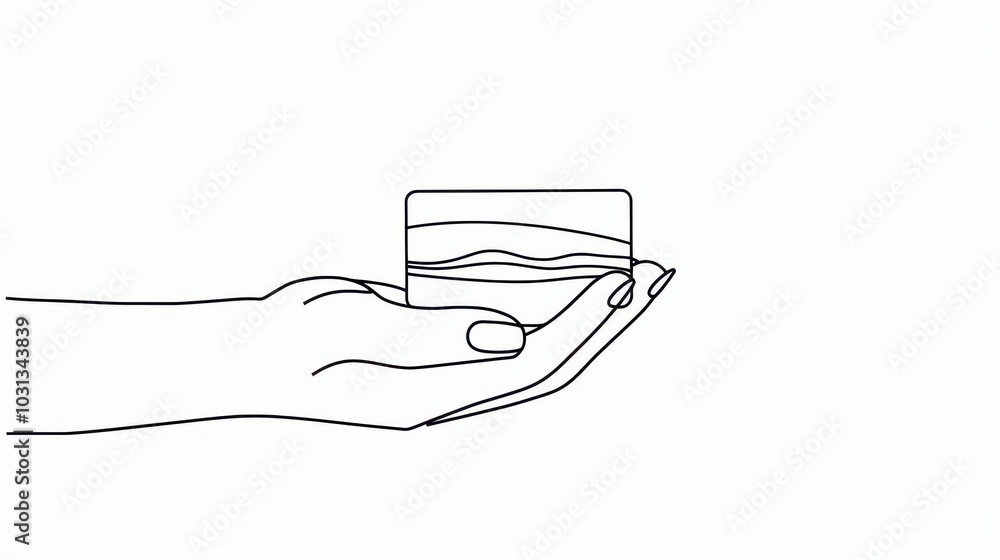 Poster a minimalist line drawing of a hand gently holding a credit card, showcasing modern and sleek design