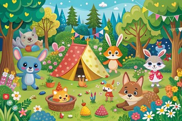 Naklejka premium Cute Cartoon Animals in a Forest Puzzle Game - Find Hidden Objects Adventure