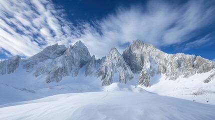 Majestic snow-capped mountain peaks rise against a backdrop of a clear blue sky with wispy white clouds.