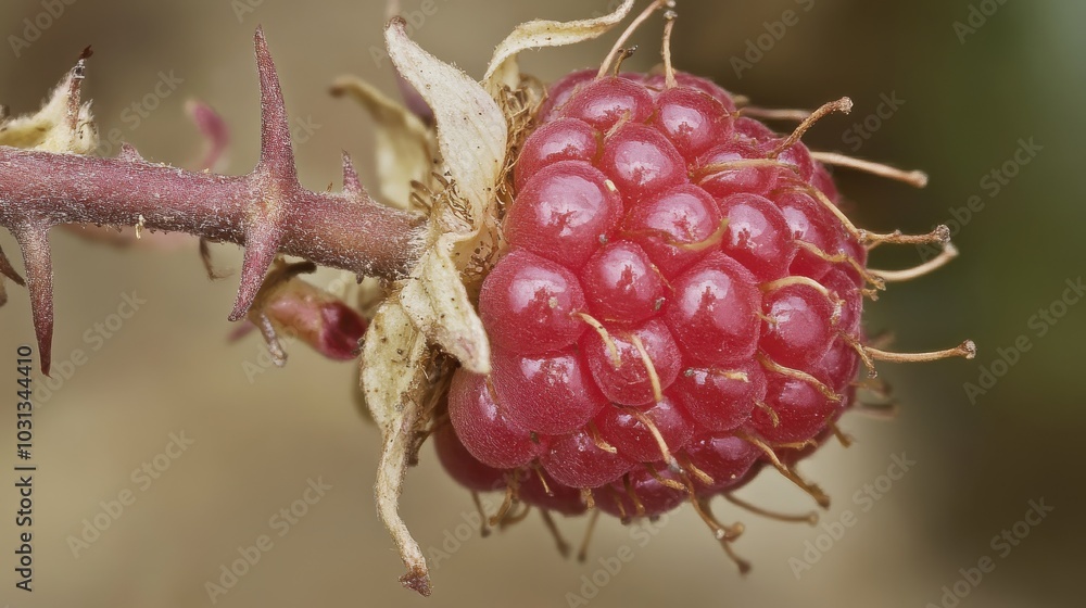 Poster wild raspberry growing on a thorny stem, emphasizing the intricate details of its texture and natura