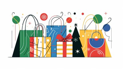 Minimalistic line art highlighting festive holiday shopping bags arranged creatively for seasonal celebrations