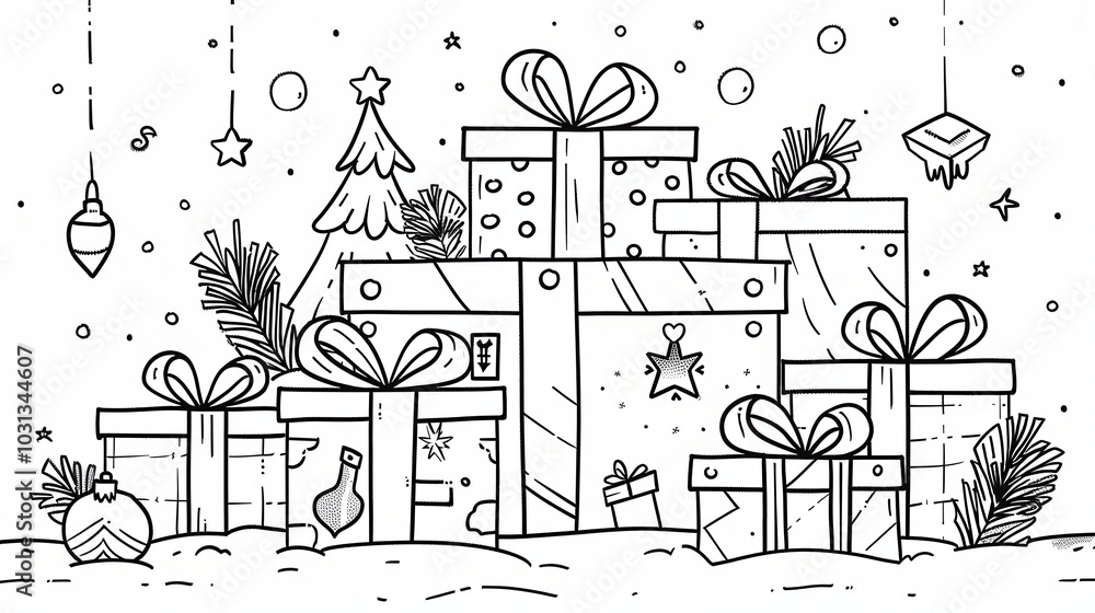 Poster a minimalistic line art design of a holiday advent calendar featuring gift boxes and festive decorat