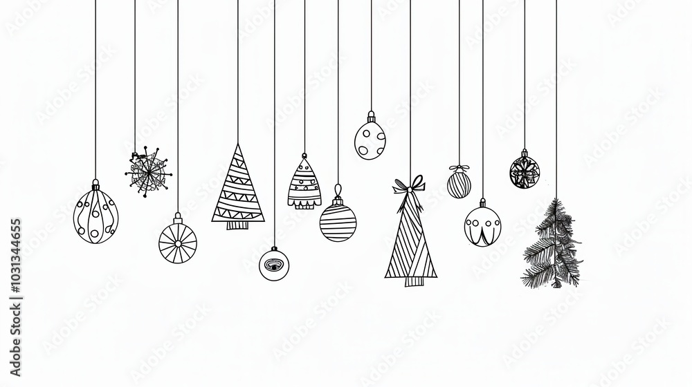 Poster minimalistic line art of festive christmas tree decorations hanging in a joyful display for the holi
