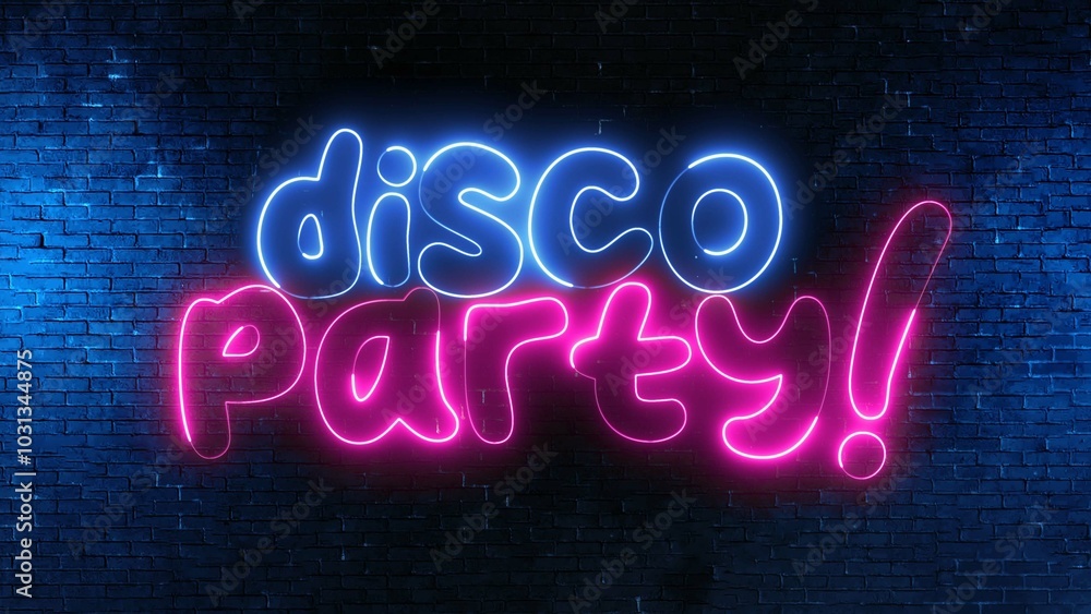 Poster disco party text font with neon light. luminous and shimmering haze inside the letters of the text d
