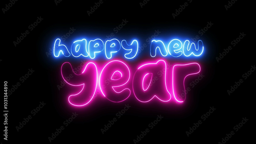 Poster happy new year neon sign. happy new year text font with light. luminous and shimmering haze inside t