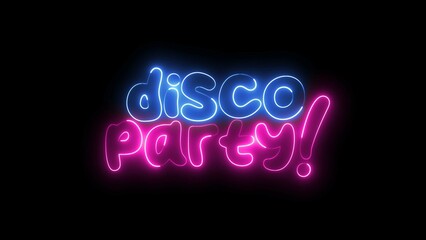 Disco Party text font with neon light. Luminous and shimmering haze inside the letters of the text Disco Party. Disco Party neon sign.	
