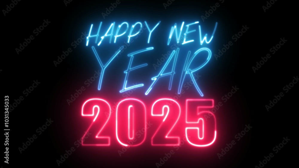 Poster happy new year 2025 text font with light. luminous and shimmering haze inside the letters of the tex