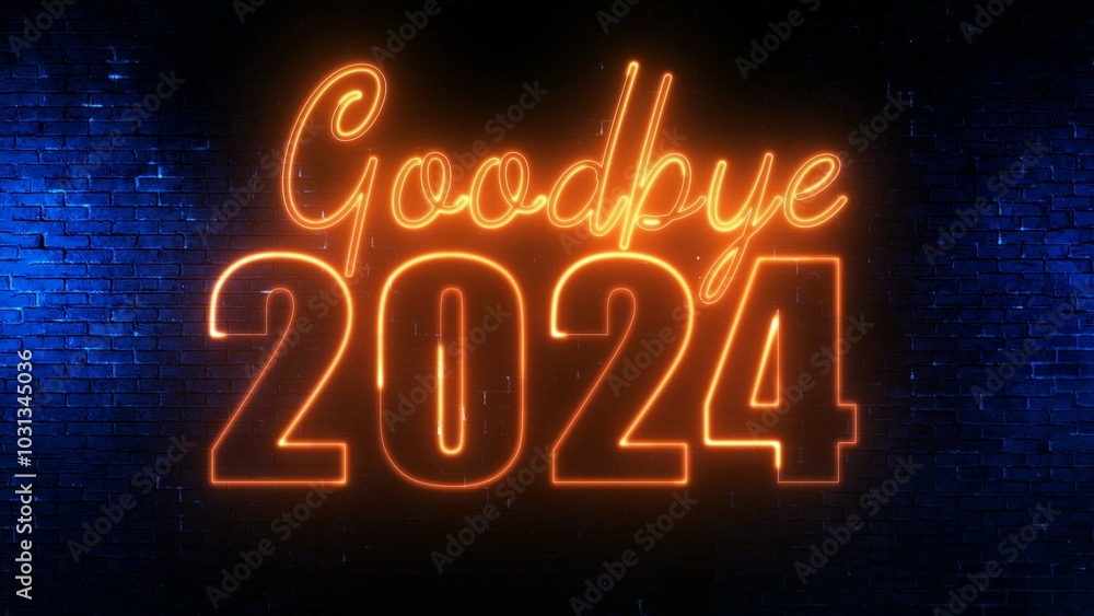 Poster goodbye 2024 text font with light. luminous and shimmering haze inside the letters of the text goodb