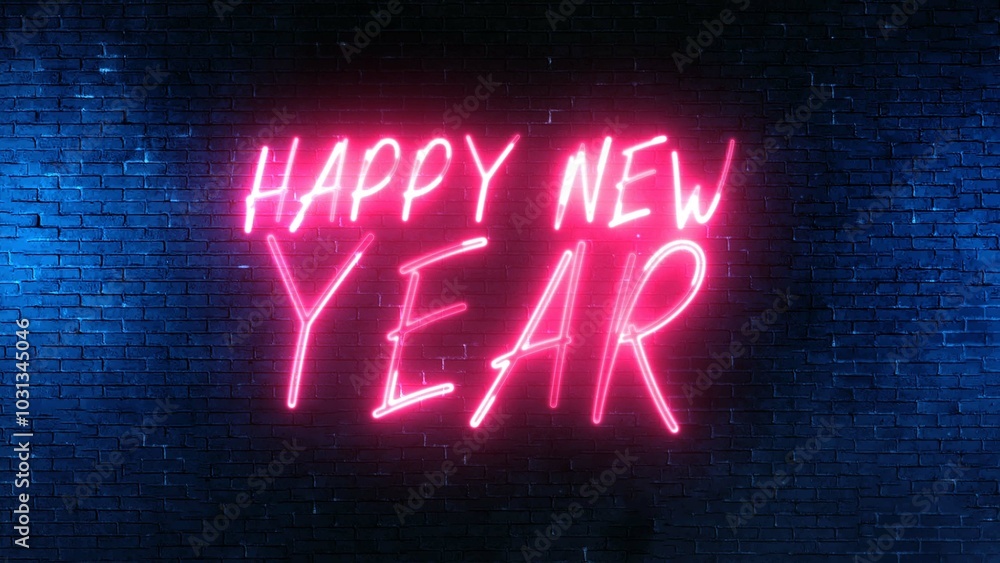 Poster happy new year neon sign. happy new year text font with light. luminous and shimmering haze inside t