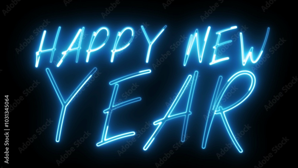 Poster happy new year neon sign. happy new year text font with light. luminous and shimmering haze inside t