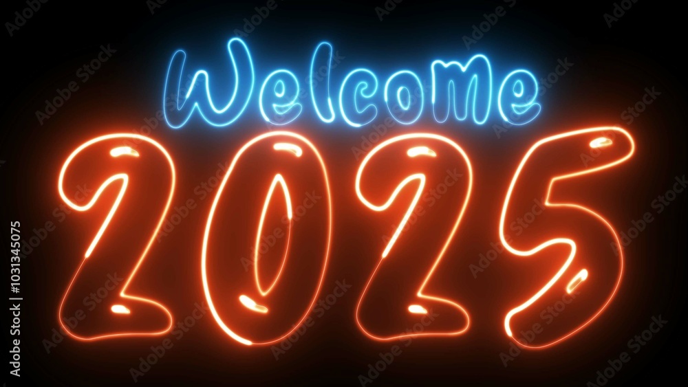 Poster welcome 2025 text font with light. luminous and shimmering haze inside the letters of the text welco