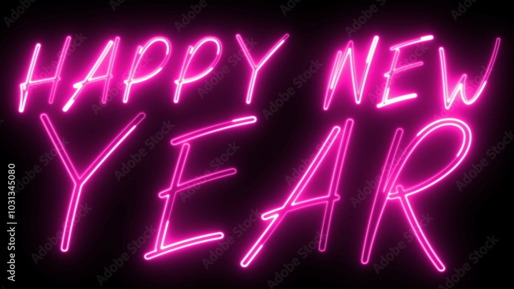 Poster happy new year neon sign. happy new year text font with light. luminous and shimmering haze inside t