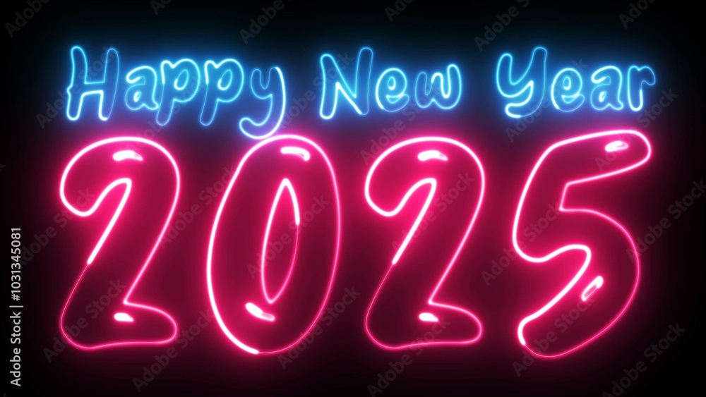 Poster happy new year 2025 text font with light. luminous and shimmering haze inside the letters of the tex