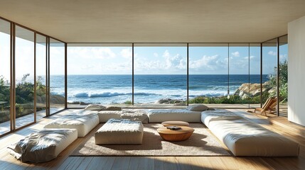 Fototapeta premium Modern living space with ocean view, promoting relaxation and comfort.