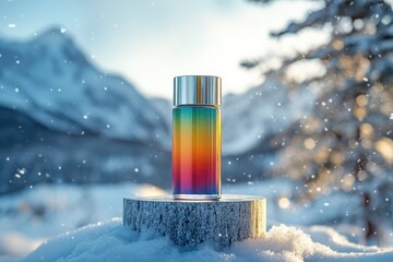 Rainbow Bottle in Snowy Winter Landscape.
