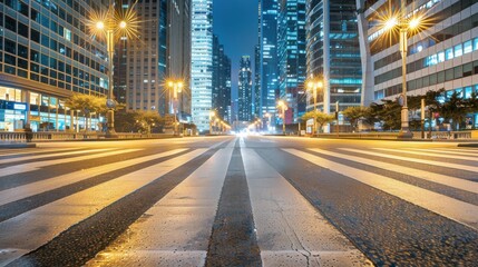 A city street at night with a crosswalk and a few pedestrians. The street is empty and the lights are on