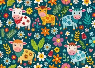 Naklejka premium Cute Cow Doodle Pattern with Flowers on Farm Background - Seamless Vector Illustration