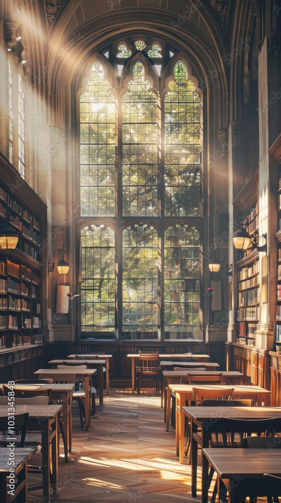 Poster early morning sunlight streams through large windows in a tranquil library with empty tables and boo