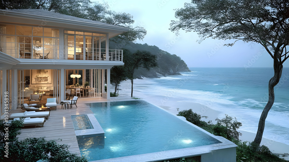 Wall mural Luxurious seaside villa with a pool overlooking the ocean.