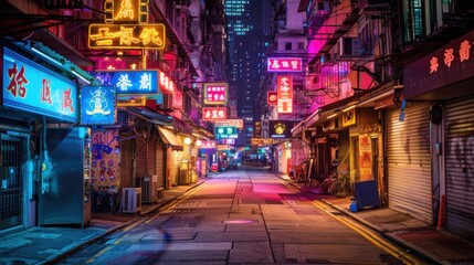 A neon lit street with many signs and a few shops. The street is empty and the neon lights create a moody atmosphere