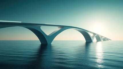 Obraz premium A long, white bridge with multiple arches extends over a calm, blue ocean at sunset.