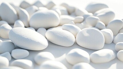 Close-up shot of smooth white pebbles on a white background.