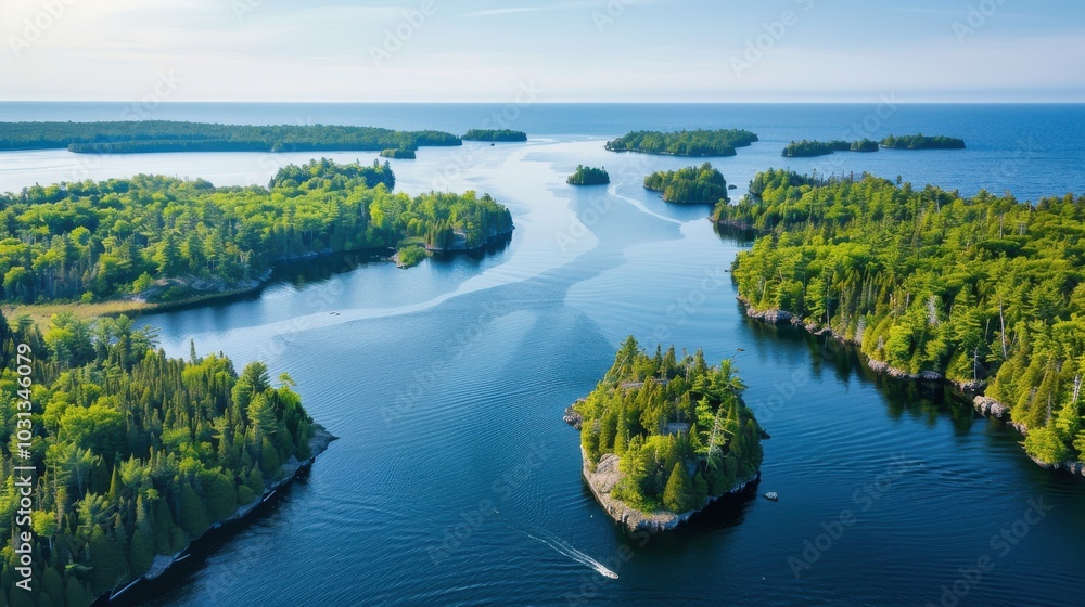 Poster a beautiful lake with a boat in the water. the lake is surrounded by trees and islands. the sky is c